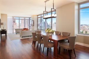 Decoration Thumbnail size Unique Dining Room Chandeliers Over Smart Wooden Dining Set Escorted By Natural Panels Also Laminate Wooden Flooring Installations White Walls Color In Cool Dining Room Open Plan