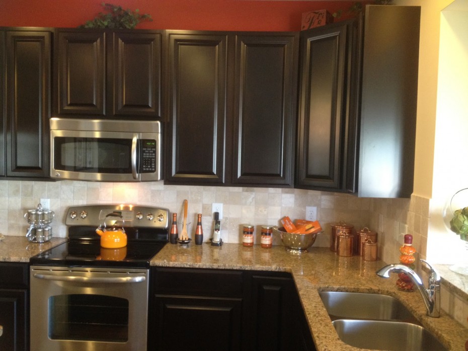 Wonderful Brown Mosaic Granite Countertop Also Stainless Steel Double Kitchen Sink Also Single Chrome Arc Faucet Also Wooden Espresso Kitchen Cabinets As Well As White Glass Tile Backs Kitchen Designs