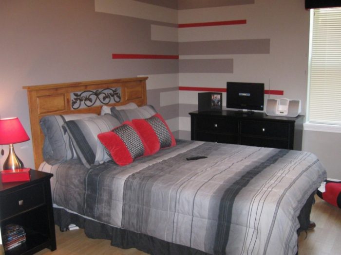 Teen Room Designs Medium size Amazing As Well As Neat Bedroom Escorted By Black Painted Wooden Drawer As Well As Wooden Bed Escorted By Stripped Grey Upholstery Also Modern Technology Of Computer For Boys Fantastic Plan For Boy