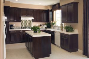 Kitchen Designs Thumbnail size Amazing Dark Wood Cabinets Escorted By White Countertop As Well As Cool White Tile Floors As Decorate In Black As Well As White Kitchen Schemes Piquant Dark Wood Cabinets For Women Dream Kitchen