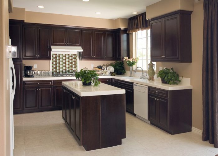 Kitchen Designs Amazing Dark Wood Cabinets Escorted By White Countertop As Well As Cool White Tile Floors As Decorate In Black As Well As White Kitchen Schemes Piquant Dark Wood Cabinets For Women Dream Kitchen Choosing Countertop Material Precisely And Wisely