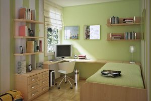 Bedroom Designs Thumbnail size Awesome Green Small Bedroom Decoration Using Modern Wheel White Leather Bedroom Chair Including Light Green Bedroom Wall Paint As Well As Mount Wall Oak Wood Shelf In Bedroom Astounding Images