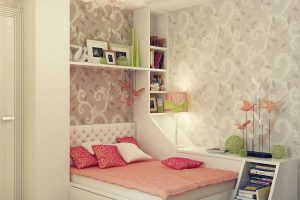 Bedroom Designs Thumbnail size Beautiful Girl Small Bedroom Scheme As Well As Decoration Using Rectangular Tufted White Leather Girl Headboard Including Accent Grey Bedroom Wallpaper As Well As Mount Wall White Wood Bookshelf In Bedroom