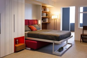 Bedroom Designs Thumbnail size Bed On White Bed Escorted By White Wooden Couch Above Red Sofa Ucombined By White Wooden Closet Escorted By Brown Wooden Shelves On Ceramics Flooring Magnificent Scheme Of Modern Murphy Bed