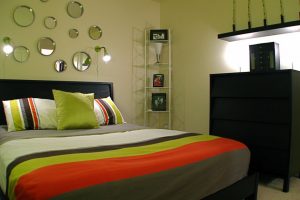 Interior Design Bedroom Decorating Plan Escorted By Green Wall Color As Well As Round Wall Mirrors Also Wooden Storage Cabinet As Well As Drawers Also Downlights Also Platform Bed Escorted By High Headboard Also Colorful Stripes Living-Room-Interior-Scheme-Plan-Escorted-By-White-Wall-Color-As-Well-As-Wooden-Floor-Also-White-Fur-Rugs-Hairy-As-Well-As-Stripes-Pattern-Fabric-Sofas-Also-Rectangular-Coffe-Table-As-Well-As-Tv-Table-Also-Component