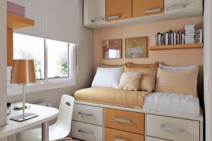 Interior Design Thumbnail size Bedroom Decoration Plan Escorted By White Brown Wall Colors Also Sofa Bed Escorted By White Brown Covered Bedding Sheet As Well As Pillows Combine Escorted By Mounted Storage Cabinet As Well As Shelves Also Study Desk
