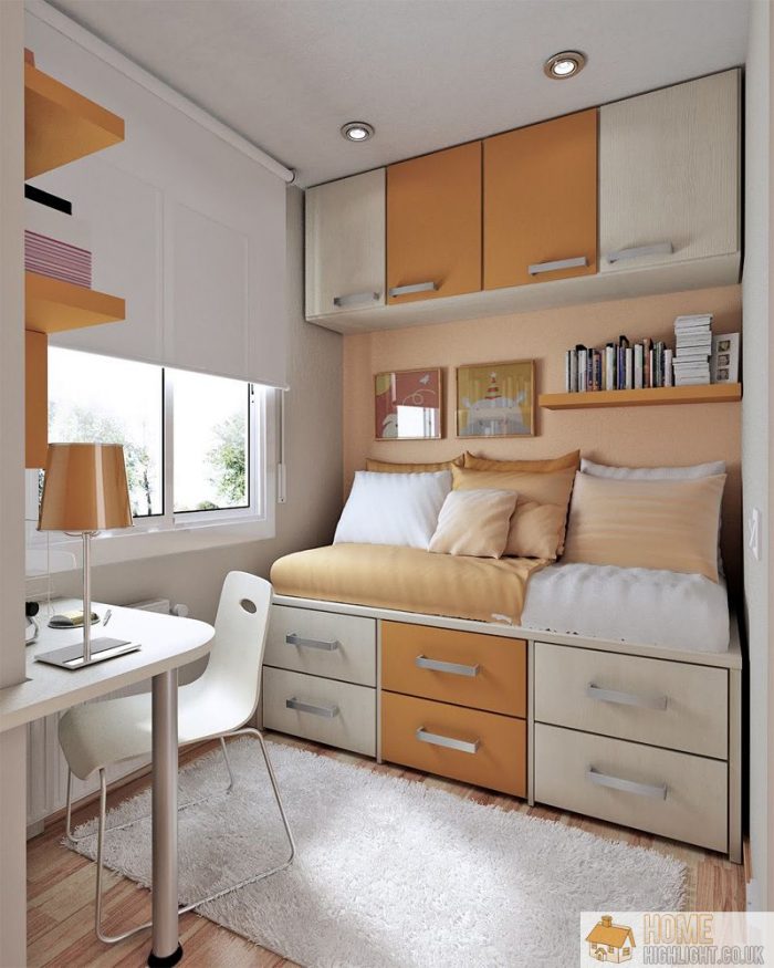 Interior Design Bedroom Decoration Plan Escorted By White Brown Wall Colors Also Sofa Bed Escorted By White Brown Covered Bedding Sheet As Well As Pillows Combine Escorted By Mounted Storage Cabinet As Well As Shelves Also Study Desk Nightstands For Small Spaces Create Room More Attractive
