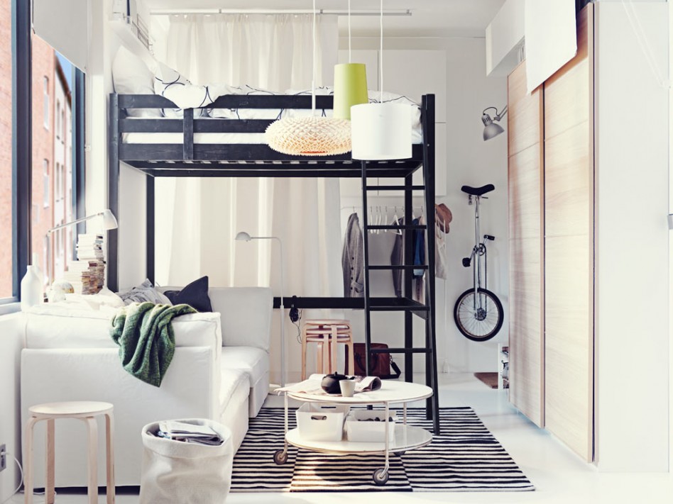 Bedroom Engaging Image Of Modern Small Bedroom Decoration Using Black Metal Teen Loft Bed Frame Including Round White 2 Tier Coffee Table As Well As Black As Well As White Stripe Bedroom Rug Astounding Images Bedroom Designs