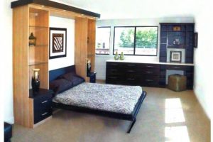 Bedroom Designs Thumbnail size Black Wooden Couch Escorted By Brown Pillows As Well As White Pattern Bed Plus Brown Wooden Shelves As Well As Black Wooden Drawer Combined By Black Wooden Chets Of Drawer On Grey Floor Magnificent Scheme