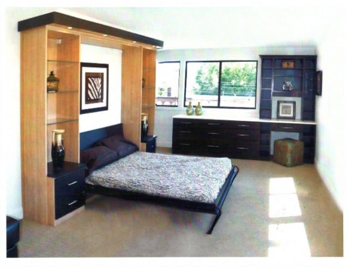 Bedroom Designs Black Wooden Couch Escorted By Brown Pillows As Well As White Pattern Bed Plus Brown Wooden Shelves As Well As Black Wooden Drawer Combined By Black Wooden Chets Of Drawer On Grey Floor Magnificent Scheme The Designer And Inspirations Of Modern Murphy Beds