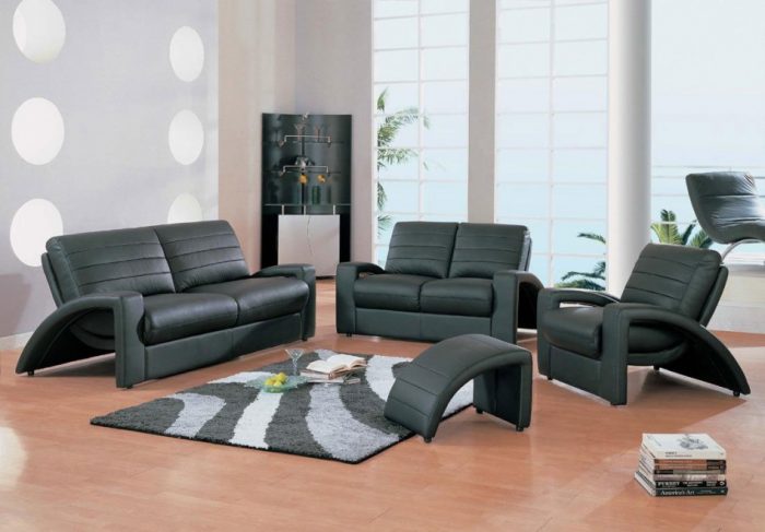 Living Room Designs Breathtaking Modern Furniture For Small Living Room Decoration Using Modern Black Leather Living Room Sofa Along Escorted By Solid Oak Wood Laminate Living Room Flooring Also Black Also Light Grey Decorative And Functional Ottoman Seats