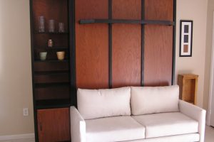 Bedroom Designs Thumbnail size Brown Black Wooden Murphy Bed Having Wooden Shelves As Well As Storage Plus White Fabric Sofa On Grey Floor Magnificent Scheme Of Modern Murphy Bed To Inspire Your Bedroom Decoration