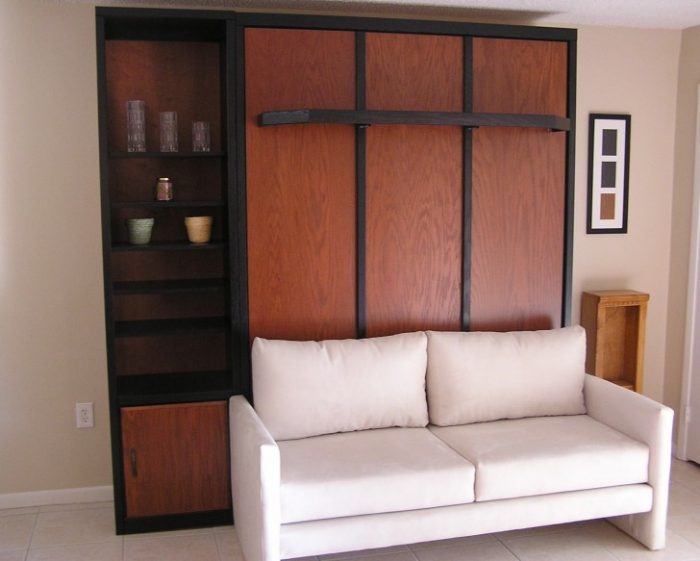 Bedroom Designs Brown Black Wooden Murphy Bed Having Wooden Shelves As Well As Storage Plus White Fabric Sofa On Grey Floor Magnificent Scheme Of Modern Murphy Bed To Inspire Your Bedroom Decoration The Designer And Inspirations Of Modern Murphy Beds