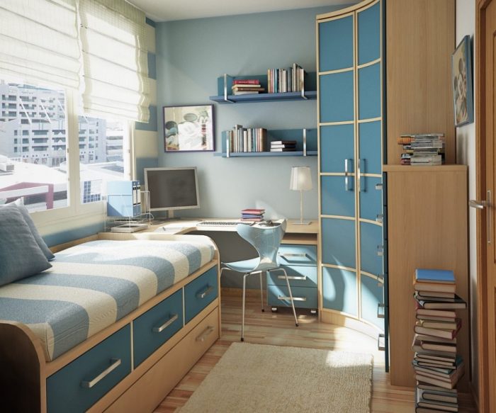 Teen Room Designs Medium size Casual Bedroom For Boys Equipped Escorted By Cotton Upholstered Bed Escorted By Drawers As Well As Wooden Wardrobe Escorted By Pale Blue Painted Door Also White Plaited Bamboo Curtain Fantastic Plan