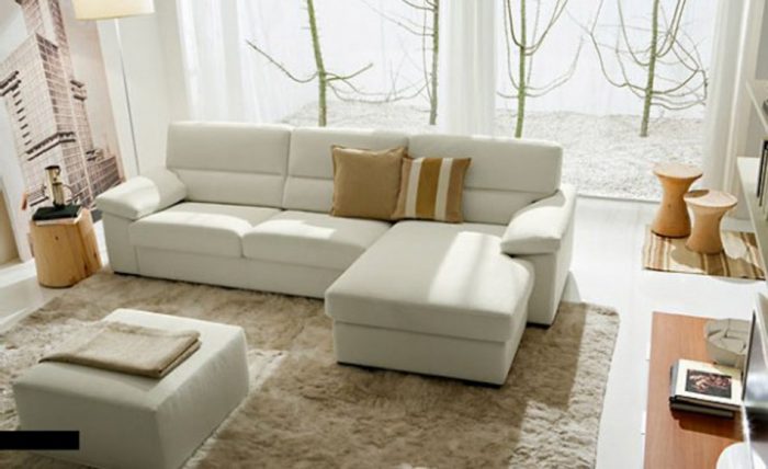 Living Room Designs Charming Image Of Modern Furniture For Small Living Room Decoration Using Square White Leather Ottoman Along Escorted By L Shape White Leather Living Room Sofa Also Furry Light Brown Living Room Decorative And Functional Ottoman Seats