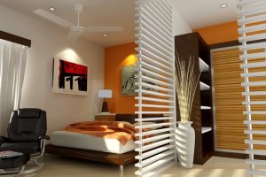 Bedroom Designs Thumbnail size Charming Image Of Orange Small Bedroom Decoration Escorted By White Wood Shutter Room Divider In Bedroom Including Light Orange Bedroom Wall Paint As Well As Small Round Recessed Light In Bedroom Astounding