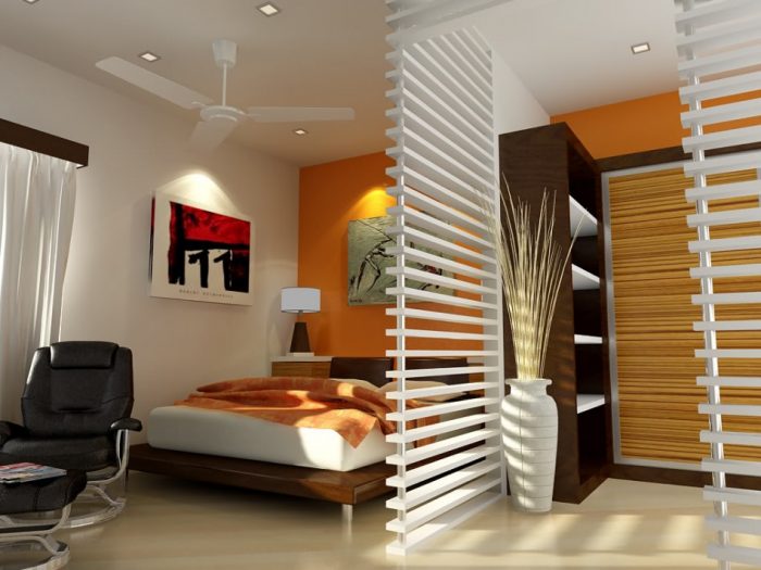 Bedroom Designs Charming Image Of Orange Small Bedroom Decoration Escorted By White Wood Shutter Room Divider In Bedroom Including Light Orange Bedroom Wall Paint As Well As Small Round Recessed Light In Bedroom Astounding How To Buy A New Bed