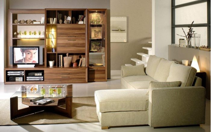 Living Room Designs Cool Furniture For Small Living Decoration Using Solid Light Pine Wood Entertainment Center Along Escorted By L Shape White Velvet Living Room Sofa Also Square Glass Top Coffee Table Exciting Decorative And Functional Ottoman Seats