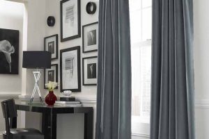 Ideas Thumbnail size Cool Living Room Decoration Using Black Single Curtain Rod Including Dark Grey Large Window Curtains Also Drum Grey Table Lamp Shade Mesmerizing Window Treatment Decoration Using Large Wind