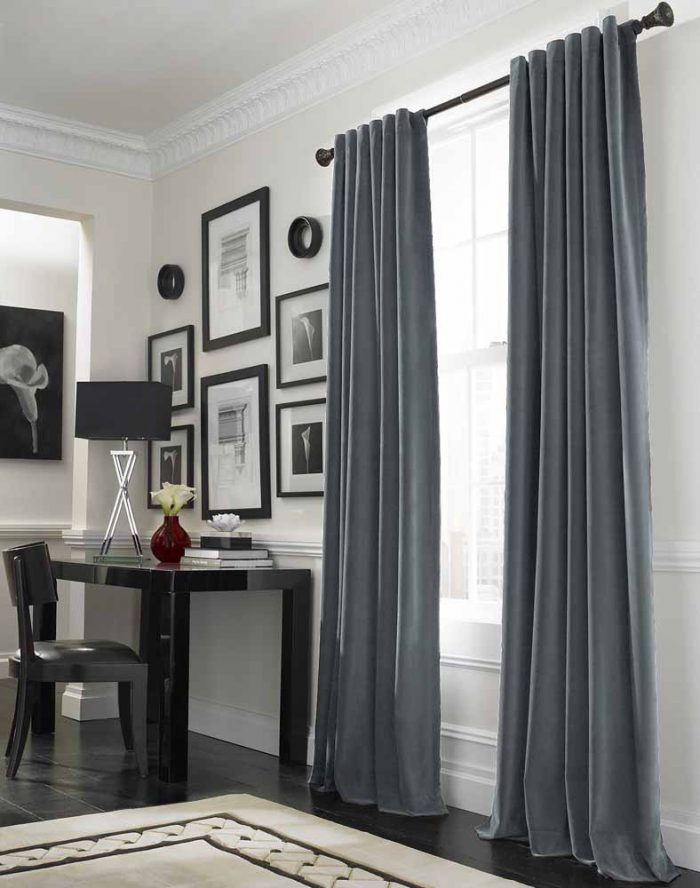 Ideas Cool Living Room Decoration Using Black Single Curtain Rod Including Dark Grey Large Window Curtains Also Drum Grey Table Lamp Shade Mesmerizing Window Treatment Decoration Using Large Wind Choosing Good and Precise Window Curtains Ideas