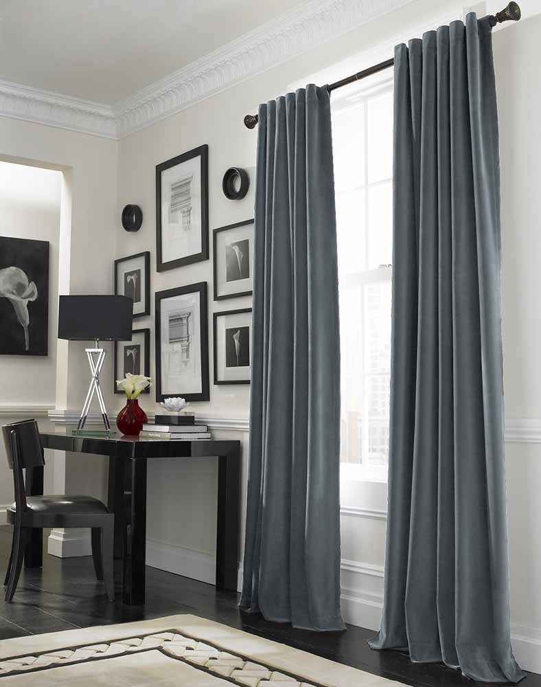 Cool Living Room Decoration Using Black Single Curtain Rod Including Dark Grey Large Window Curtains Also Drum Grey Table Lamp Shade Mesmerizing Window Treatment Decoration Using Large Wind Ideas