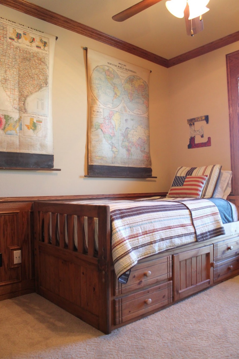 Creative Bedroom Decoration Plan Using World Map Bedroom Wall Decor Including Cream Carpet Tile As Well As Colorful Stripe Bed Sheets Fancy Home Interior Decoration Using Various Carpet Tile Kitchen Designs