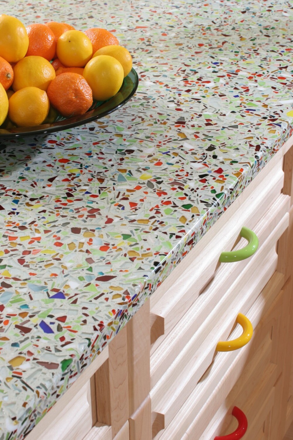 Cute As Well As Colourful Recycled As Well As Pressed Glass Material On The Beautiful Kitchen Island Counter Top Cheap But Beautiful Interior Made From Recycled Material Countertops Ideas