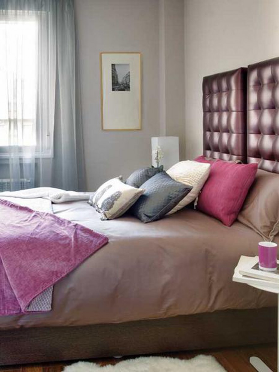 Cute Small Bedroom Interior Scheme Plan Escorted By White Wall Color As Well As Casement Glass Windows Also Soft Blue Curtains Combine Escorted By Platform Bed Escorted By High Red Headboard Also Brown Covered Bedding Interior Design