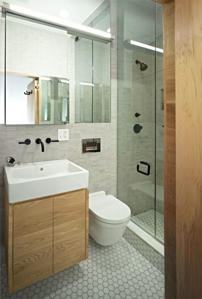 Bathroom Designs Medium size Decorating Plan For Nice Small Bathrooms Using A Rectangular White Sink Rectangular Mirrors Also Escorted By Glass Doors White Toilet Along Escorted By Grey Ceramics Floor Brown Laminated