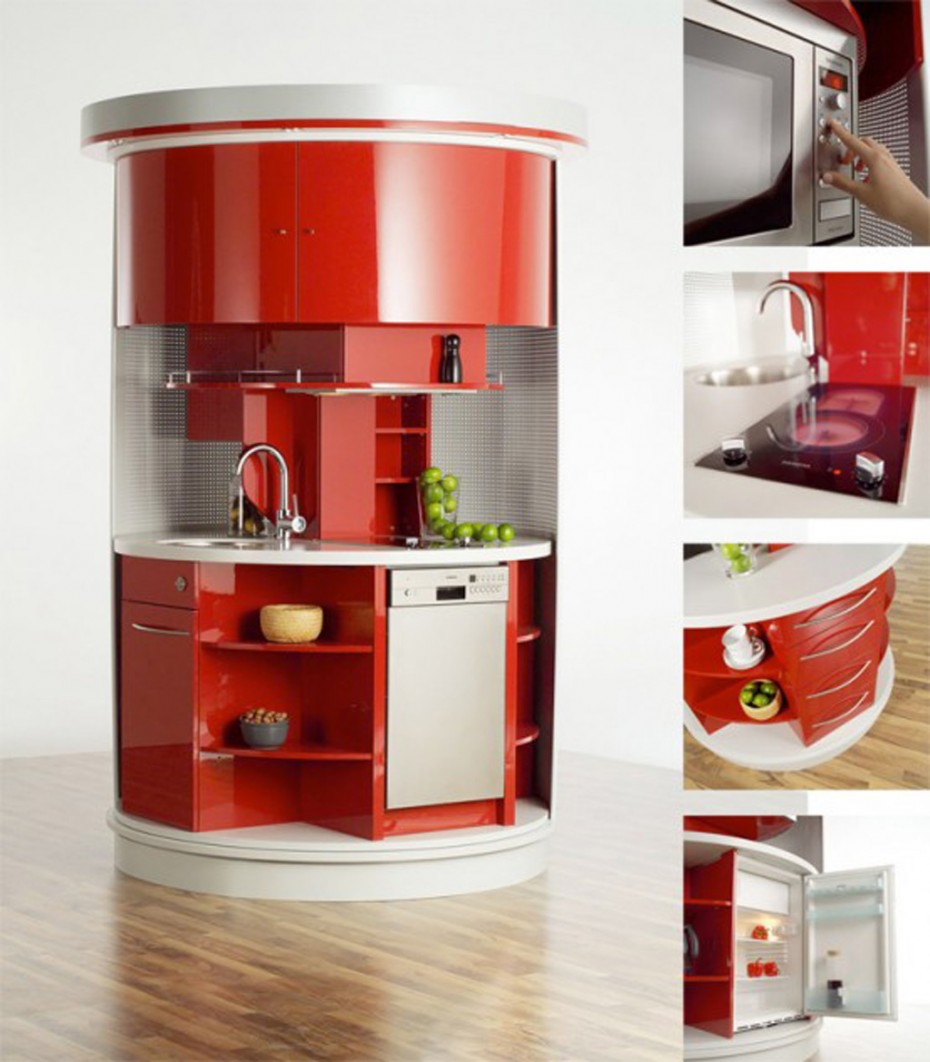 Decoration Modern Round Space Saving Kitchen Escorted By Scheme Red Kitchen Cabinet As Well As Be Equipped Stove Sink Drawer Cabinet Modern Scheme Space Saving Plan For Small Kitchens Wonderful Kitchen Designs