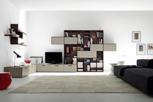 Living Room Designs Thumbnail size Enchanting Image Of Furniture For Small Living Decoration Using Modern Cherry Wood Bookshelf In Living Room Including Square White Ivory Soft Living Room Rug Also Black Fabric Living Room