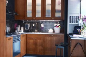 Kitchen Designs Enchanting L Shape Small Ikea Kitchen Decoration Using Dark Grey Mosaic Tile Kitchen Backsplash Including Solid Light Oak Wood Glass Door Kitchen Cabinet As Well As Rectangular Black As Well As White Stripe Home And Kitchen Design Freeware
