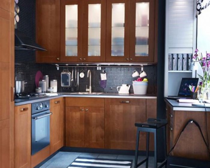 Kitchen Designs Medium size Enchanting L Shape Small Ikea Kitchen Decoration Using Dark Grey Mosaic Tile Kitchen Backsplash Including Solid Light Oak Wood Glass Door Kitchen Cabinet As Well As Rectangular Black As Well As White Stripe