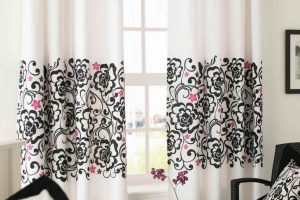 Ideas Thumbnail size Engaging Black As Well As Pink Living Room Decoration Using Grommet Black Pink Floral Interior Window Curtain Including Single Stainless Steel Curtain Rod As Well As Purple Orchid Flower Side Table Cent