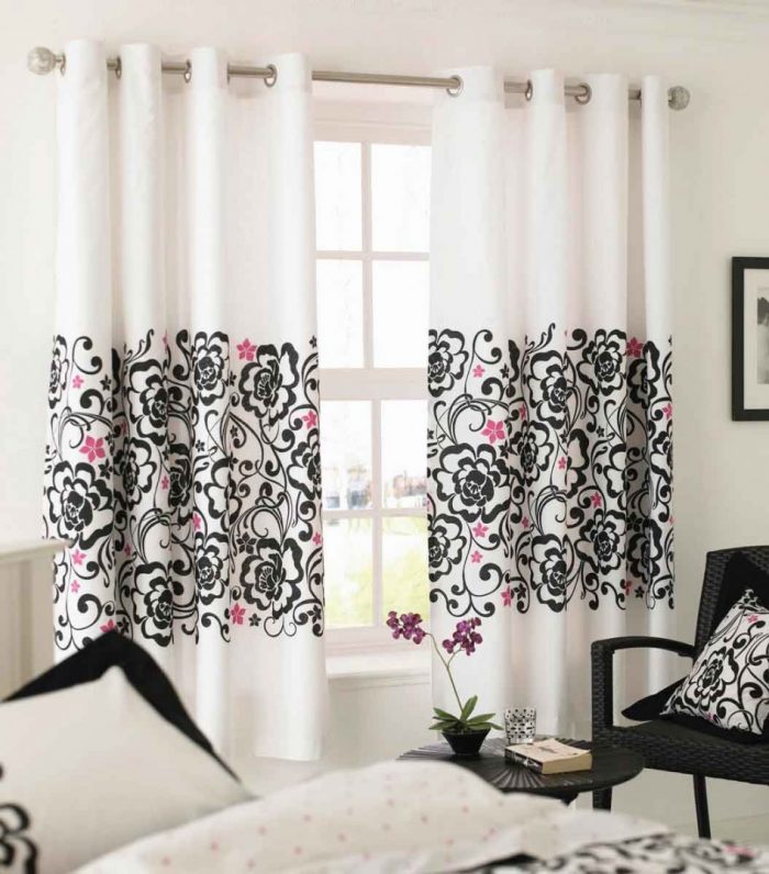 Ideas Engaging Black As Well As Pink Living Room Decoration Using Grommet Black Pink Floral Interior Window Curtain Including Single Stainless Steel Curtain Rod As Well As Purple Orchid Flower Side Table Cent Beautifying Room With Window Sheers Ideas