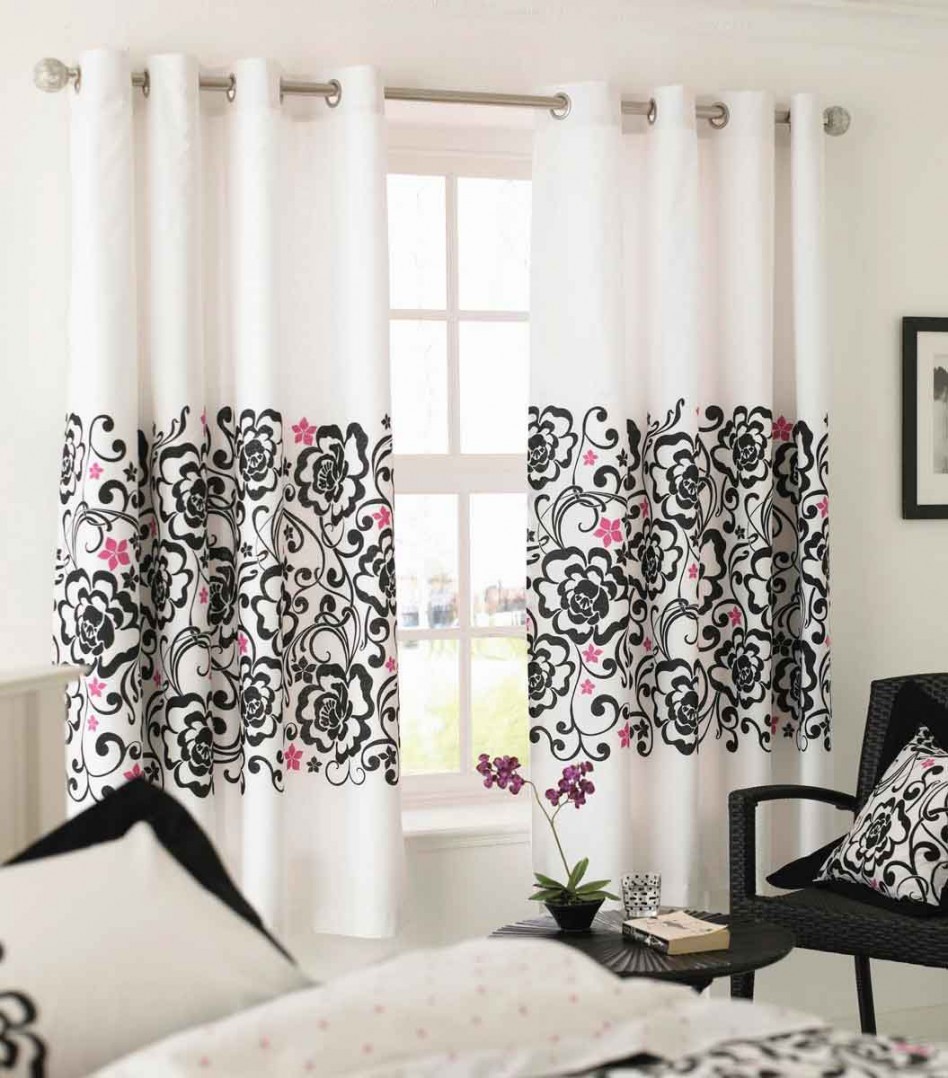 Engaging Black As Well As Pink Living Room Decoration Using Grommet Black Pink Floral Interior Window Curtain Including Single Stainless Steel Curtain Rod As Well As Purple Orchid Flower Side Table Cent Ideas