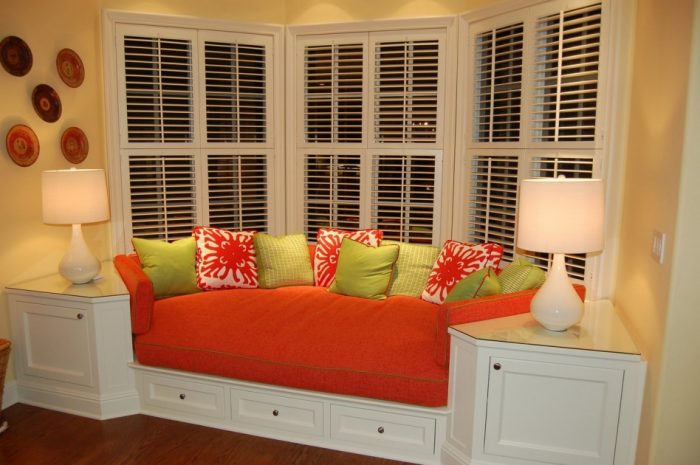 Furniture + Accessories Medium size Furniture + Accessories Excelent Orange Build Bay Window Seat As Well As Window Bench Escorted By Intimating Red Mattres As Well As Double Side Romantic Lamps Cool Glass Wood Window Escorted By Stripes Trellis Build Bay Window Bay Window Sofa: The Function Of Bay Window