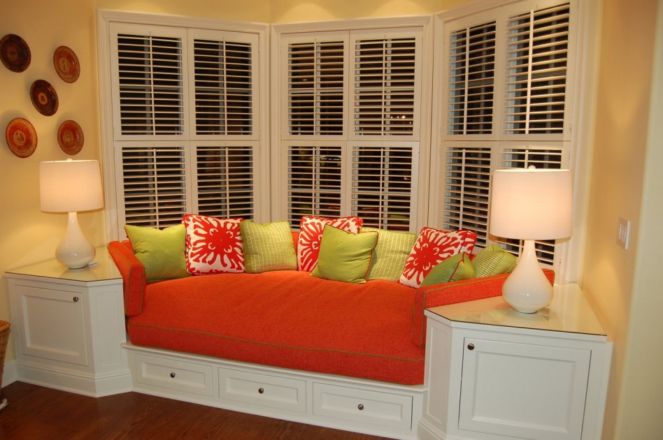 Excelent Orange Build Bay Window Seat As Well As Window Bench Escorted By Intimating Red Mattres As Well As Double Side Romantic Lamps Cool Glass Wood Window Escorted By Stripes Trellis Build Bay Window Furniture + Accessories