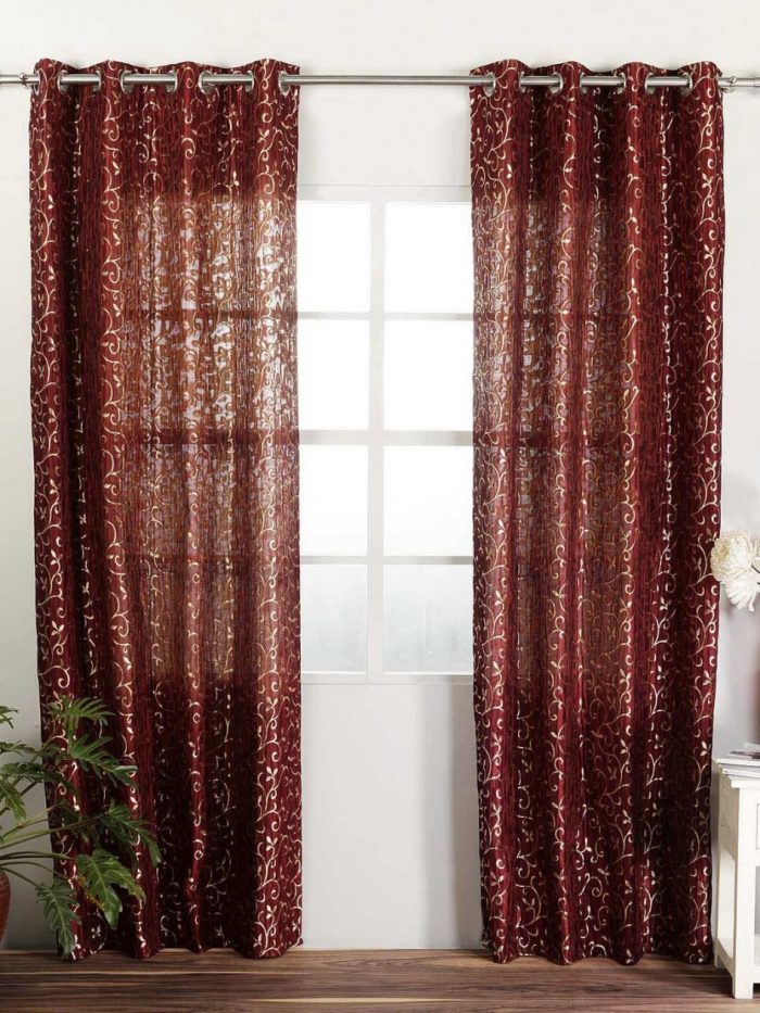 Ideas Excellent Image Of Window Treatment Accessories As Well As Decoration Using Grommet Red Maroon Sheer Interior Window Curtain Including Single Stainless Steel Curtain Rod As Well As Solid Hard Wood Home Beautifying Room With Window Sheers Ideas