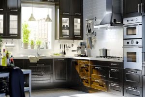 Kitchen Designs Thumbnail size Exciting U Shape Small Ikea Kitchen Decoration Using Solid Aged Black Wood Kitchen Cabinet Including White Subway Tile Kitchen Backsplash As Well As Small Cone White Kitchen Pendant Lamps Extraordinary