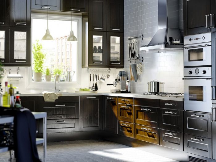 Kitchen Designs Exciting U Shape Small Ikea Kitchen Decoration Using Solid Aged Black Wood Kitchen Cabinet Including White Subway Tile Kitchen Backsplash As Well As Small Cone White Kitchen Pendant Lamps Extraordinary Home And Kitchen Design Freeware
