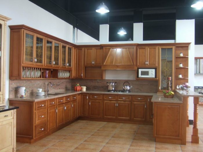 Kitchen Designs Medium size Kitchen Designs Fantastic Small U Shape Kitchen Decoration Using Cream Porcelain Tile Kitchen Flooring Including Solid Light Oak Wood Glass Door Kitchen Cabinet As Well As Solid Light Oak Wood Kitchen Vent Hood Kitchen Layouts And Design For More Fun Cooking