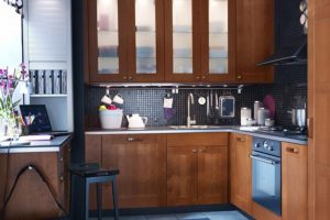 Kitchen Designs Thumbnail size Fetching Modern L Shape Small Ikea Kitchen Decoration Using Dark Grey Kitchen Wall Paint Including Rectangular Black As Well As White Stripe Kitchen Rug As Well As Solid Light Oak Wood Glass Door Kitchen