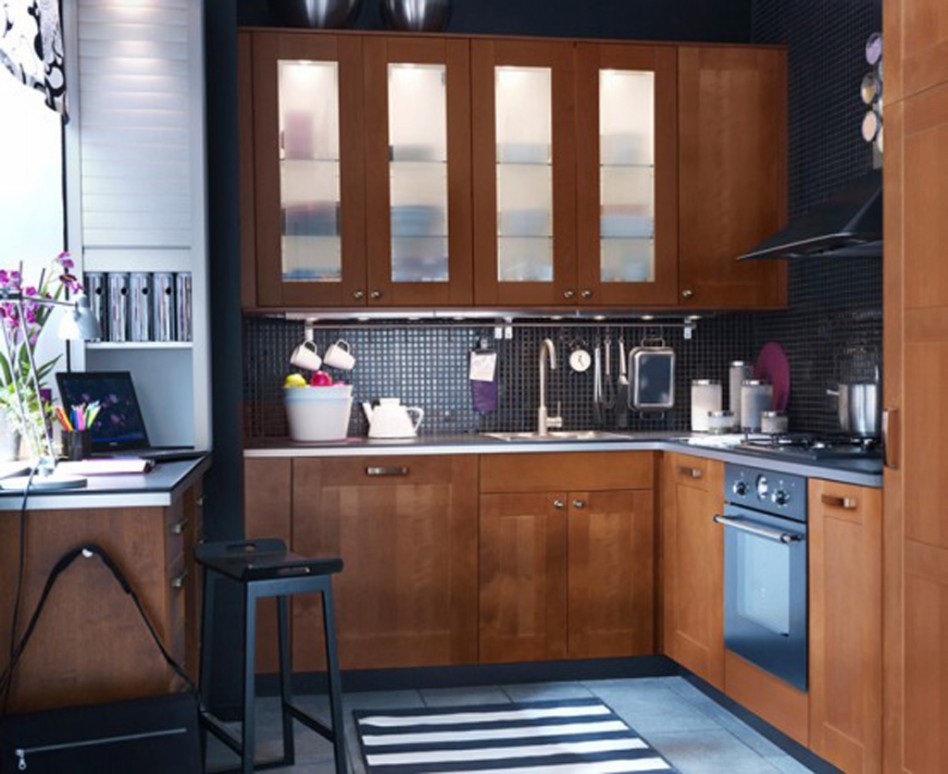 Fetching Modern L Shape Small Ikea Kitchen Decoration Using Dark Grey Kitchen Wall Paint Including Rectangular Black As Well As White Stripe Kitchen Rug As Well As Solid Light Oak Wood Glass Door Kitchen Kitchen Designs