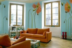 Living Room Designs Thumbnail size Foxy Image Of Living Room Decoration Using Light Blue Living Room Wall Color Including Large Light Orange Flower Living Room Wall Mural As Well As Light Orange Fabric Living Room Sofa Drop Dead