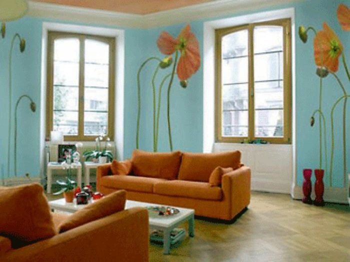 Living Room Designs Foxy Image Of Living Room Decoration Using Light Blue Living Room Wall Color Including Large Light Orange Flower Living Room Wall Mural As Well As Light Orange Fabric Living Room Sofa Drop Dead Decorating The Wall With Pictures For Living Room