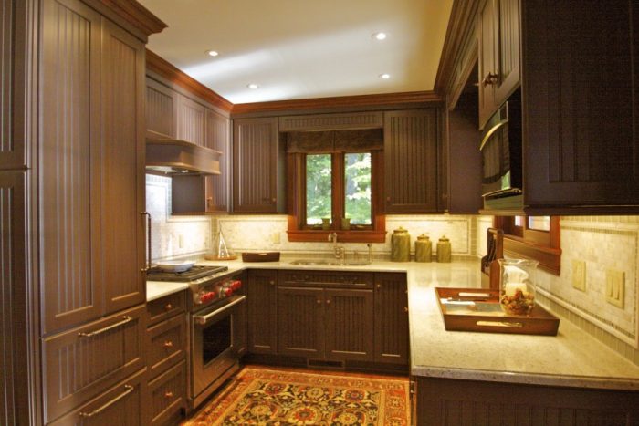 Kitchen Designs Furniture Kitchen Luxury U Shape Dark Wood Cabinets Escorted By White Countertop As Decorate Apartment Kitchen Styles Piquant Dark Wood Cabinets For Women Dream Kitchen Choosing Kitchen Backsplash And Kitchen Countertops Materials