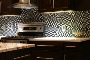 Kitchen Designs Thumbnail size Glorious White Granite Countertop As Well As Black Mosaic Tile Backsplash Also Dark Wood Cabinets In Modern Black Kitchen Schemes Piquant Dark Wood Cabinets For Women Dream Kitchen