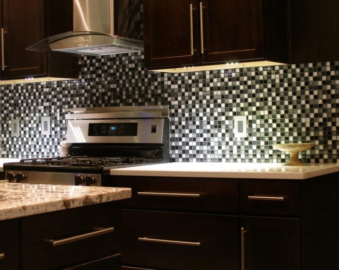 Kitchen Designs Glorious White Granite Countertop As Well As Black Mosaic Tile Backsplash Also Dark Wood Cabinets In Modern Black Kitchen Schemes Piquant Dark Wood Cabinets For Women Dream Kitchen Choosing Countertop Material Precisely And Wisely