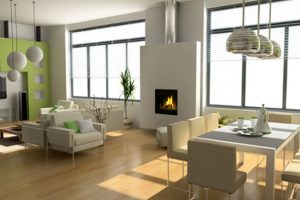 Ideas Thumbnail size Gorgeous Open Plan House Style Escorted By Light Brown Wooden Floor Also In Wall Fireplace Escorted By Black Frame Also Stainless Steel Framed Window Escorted By White Wood Plaited Roller Curtain